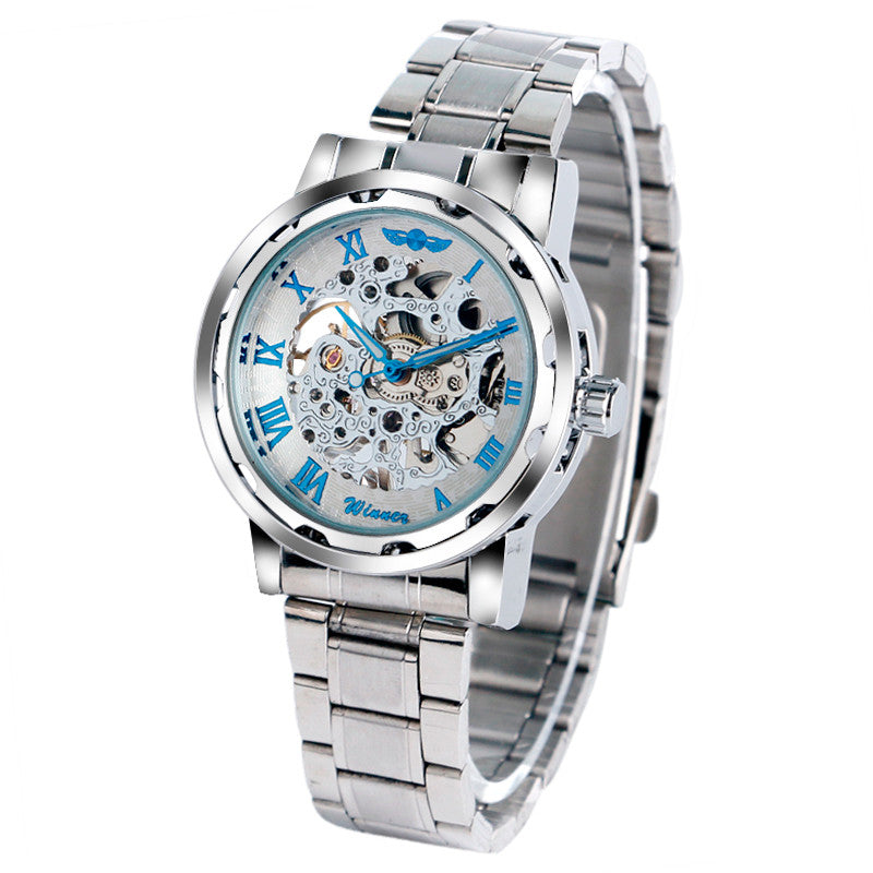 Fashion Wristwatches Blue Roman Numbers Skleton Men's Watch Stainless Steel Elegant Business Wrist Watch montre homme