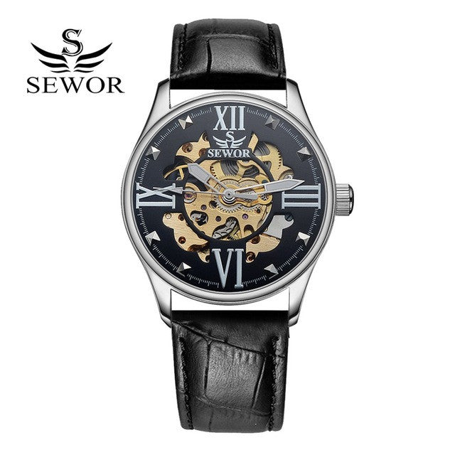 SEWOR 2017 Fashion Watch Men Luxury Gold Skeleton Steel Leather Mechanical Sport Watches Men Classic Automatic Watch For Men