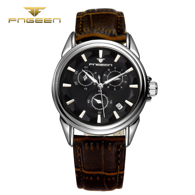 FNGEEN 6603 Men Automatic waterproof Mechanical wristwatch Fashion leather three dials decorated Watch top quality famous clock