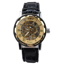 Newly Design Men's Classic Black Leather Gold Dial Skeleton Mechanical Sport Army Wrist Watch wholesale Free shipping
