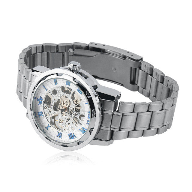 Roman Numerals Skeleton Men Military Business Clock Steel Automatic Mechanical Wrist Dress Luxury Sport Watch