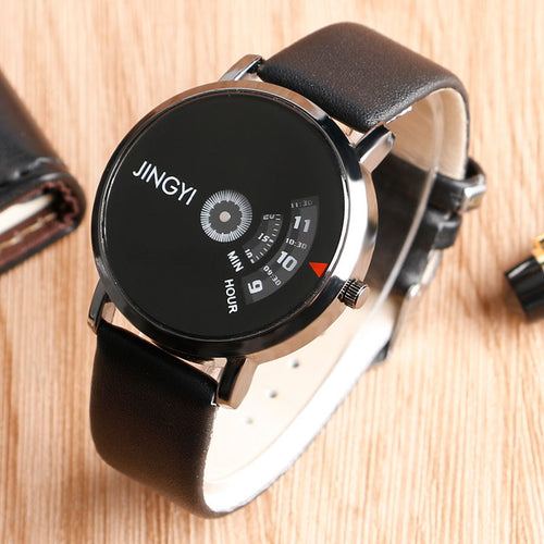 Modern Unique Quartz Watch Men Women Turntable Full Black Cool Wristwatch Special Design Bracelet Leather Strap Relogio Clock