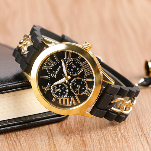 Unique Cool Steampunk Women Watches Silicone Bracelet Quartz Watch Ladies Roman Numbers Gold Case Wrist Watch Girl Relojes