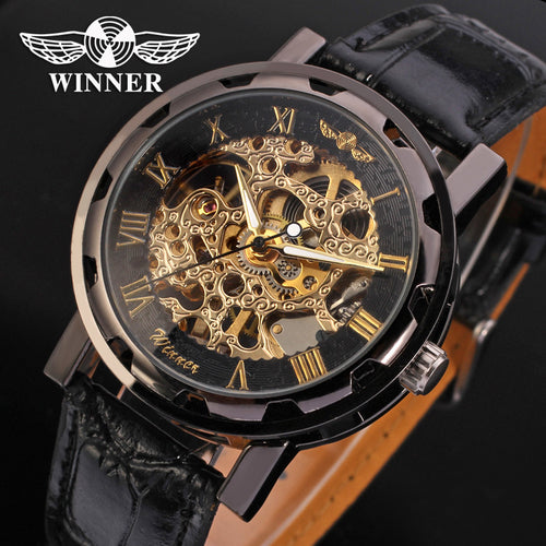 Fashion WINNER Men Luxury Brand Roman Number Hand-wind Leather Watch Automatic Mechanical Wristwatches Gift Box Relogio Releges